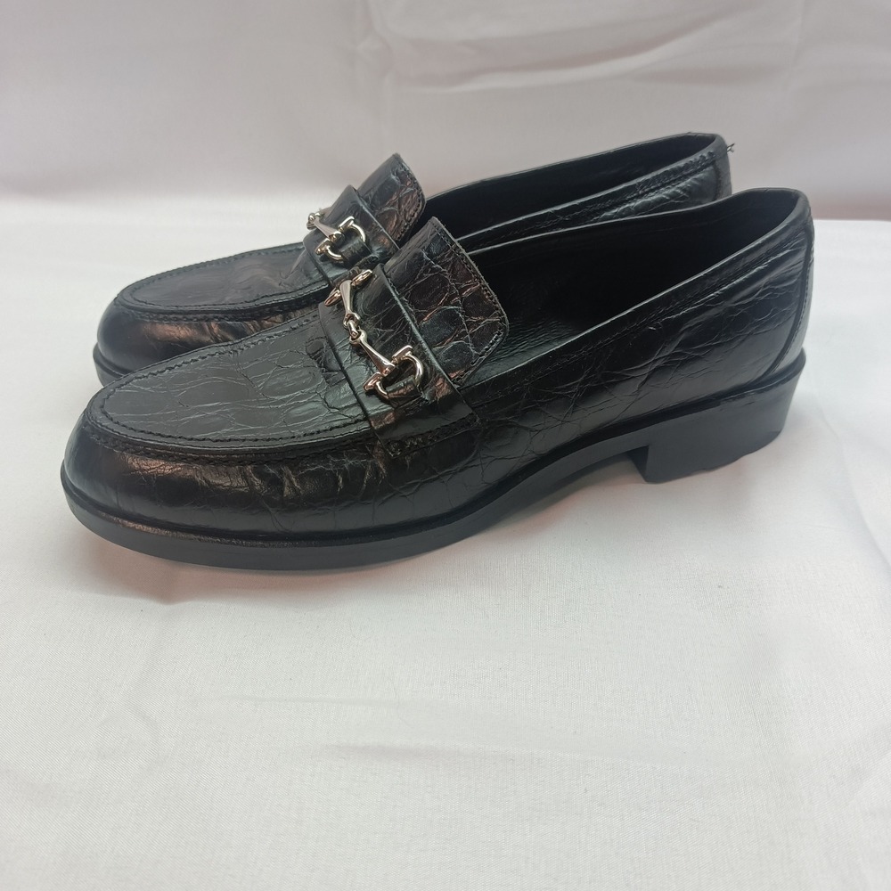 Talbots Black Croc Embossed Leather Horsebit Loafers Made in Italy Womens 8